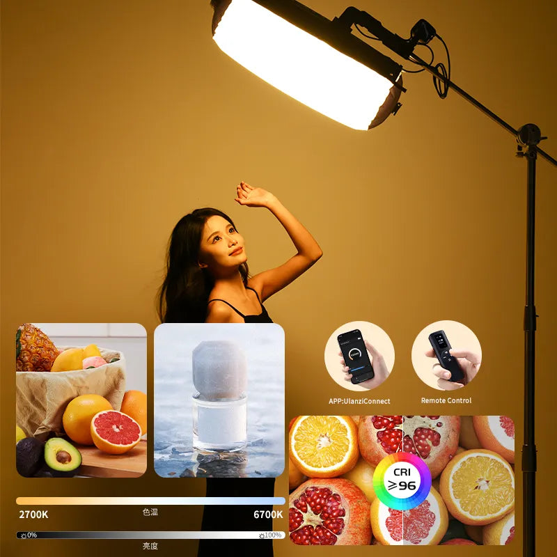 Ulanzi AL60 LED Air Tube Light L096 with a woman. App control, remote, and color temperature range.